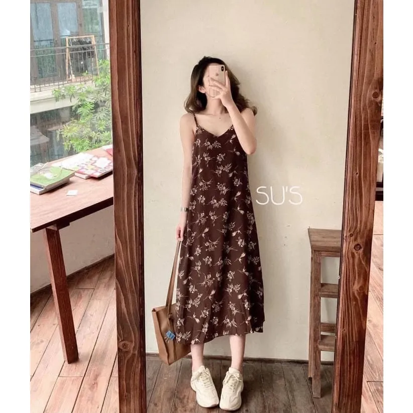 Đầm - Váy Hai Dây Hoa Nhí - Váy 2 Dây 2 Màu Nâu, Trắng Phong Cách Vintage |  Shopee Việt Nam